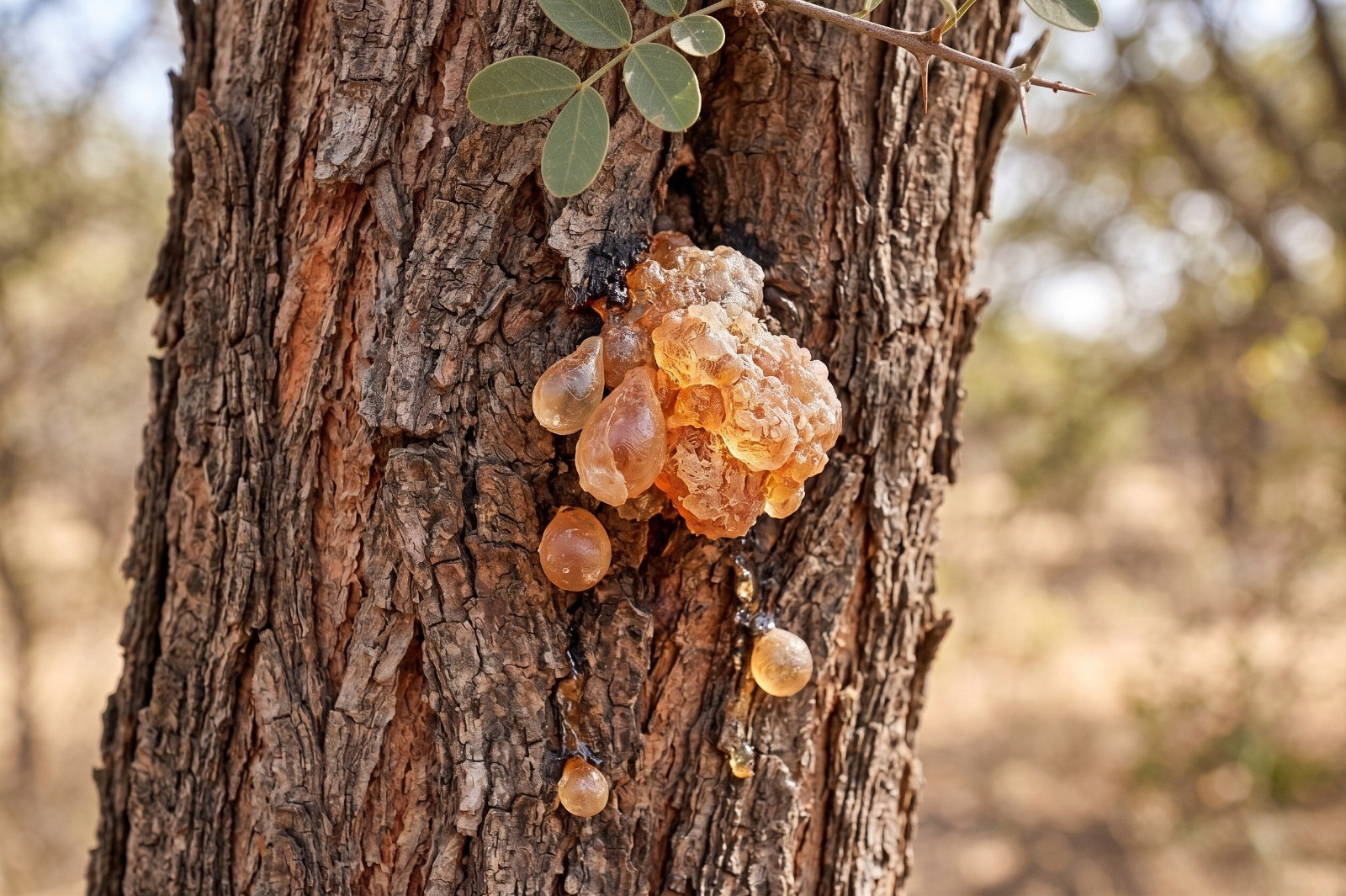Macro close-up of amber gum acacia resin